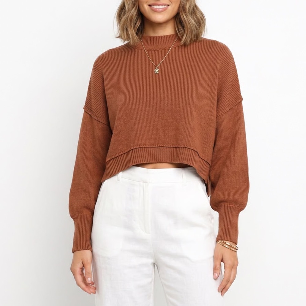 Qinsen Womens Rust Brown Ribbed Mock Neck Cropped Sweater Large